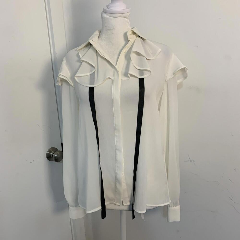 Zara New Cream Button Up Blouse With Ruffles and Attached Tie Up Neck XS